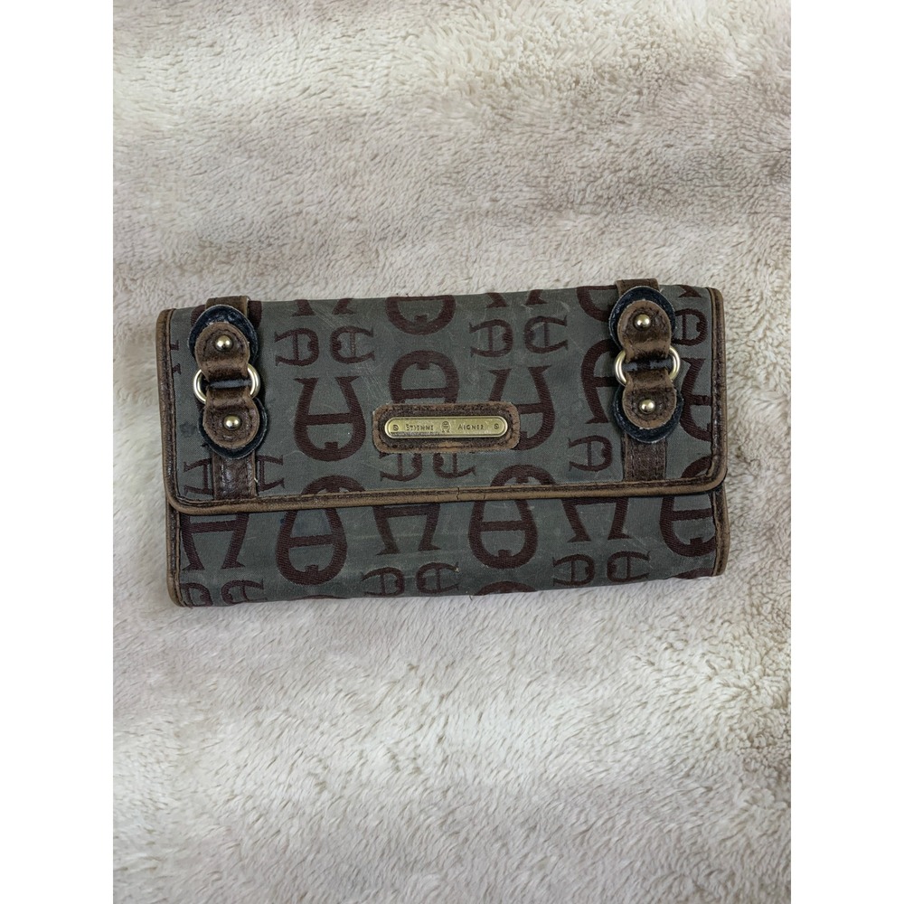 Etienne Aigner Vintage Monogram Trifold Wallet Grey‎ Brown Logo Snap Closure